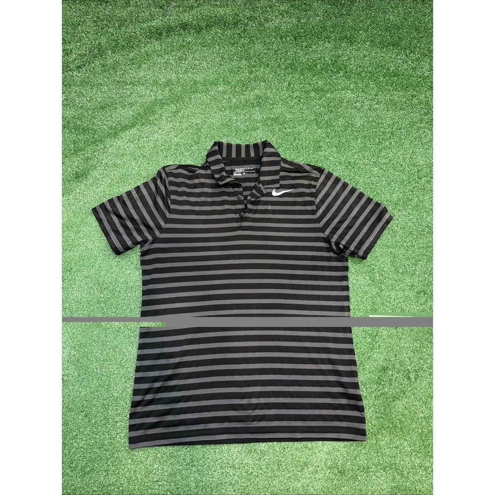 Nike‎ Golf Dri-Fit Polo Shirt Medium Black Gray Striped Swoosh Performance Men